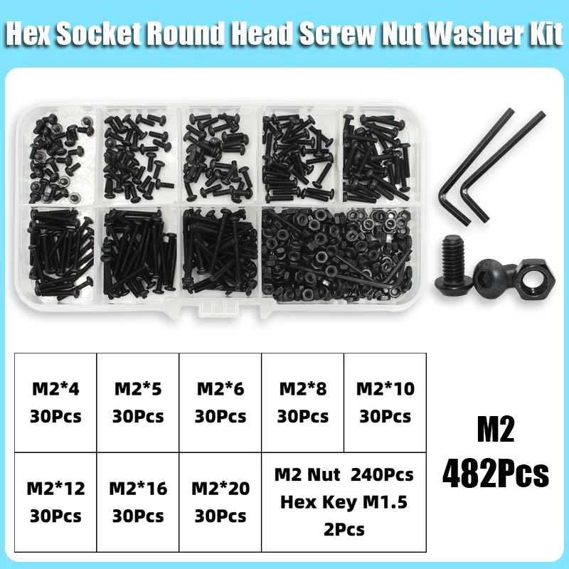 Komplettes 2510-teiliges M2 M2.5 M3 M4 M5 M6 Rundkopf-Innensechskantschrauben-Set 1840 10.9 Güteklasse Schwarze Innensechskant-Knopfkopfschrauben ISO7380 – Detail 15
