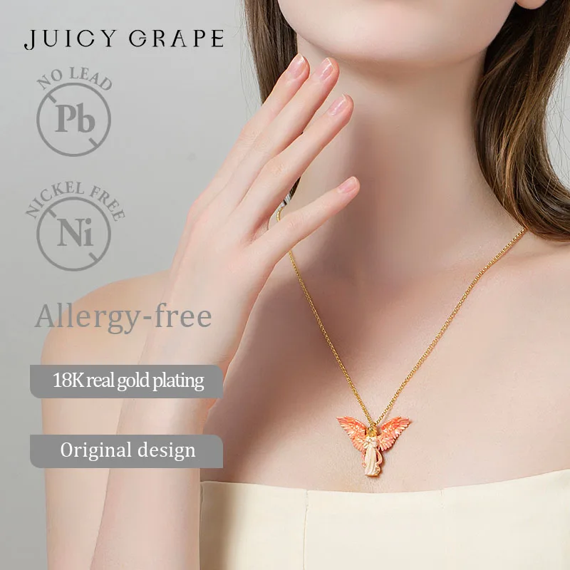 Juicy Grape Guardian Angel Pendant and Chain Pink Angle Wing Enamel Pendant Necklace Necklace Luxury Gift with Birthday  Party