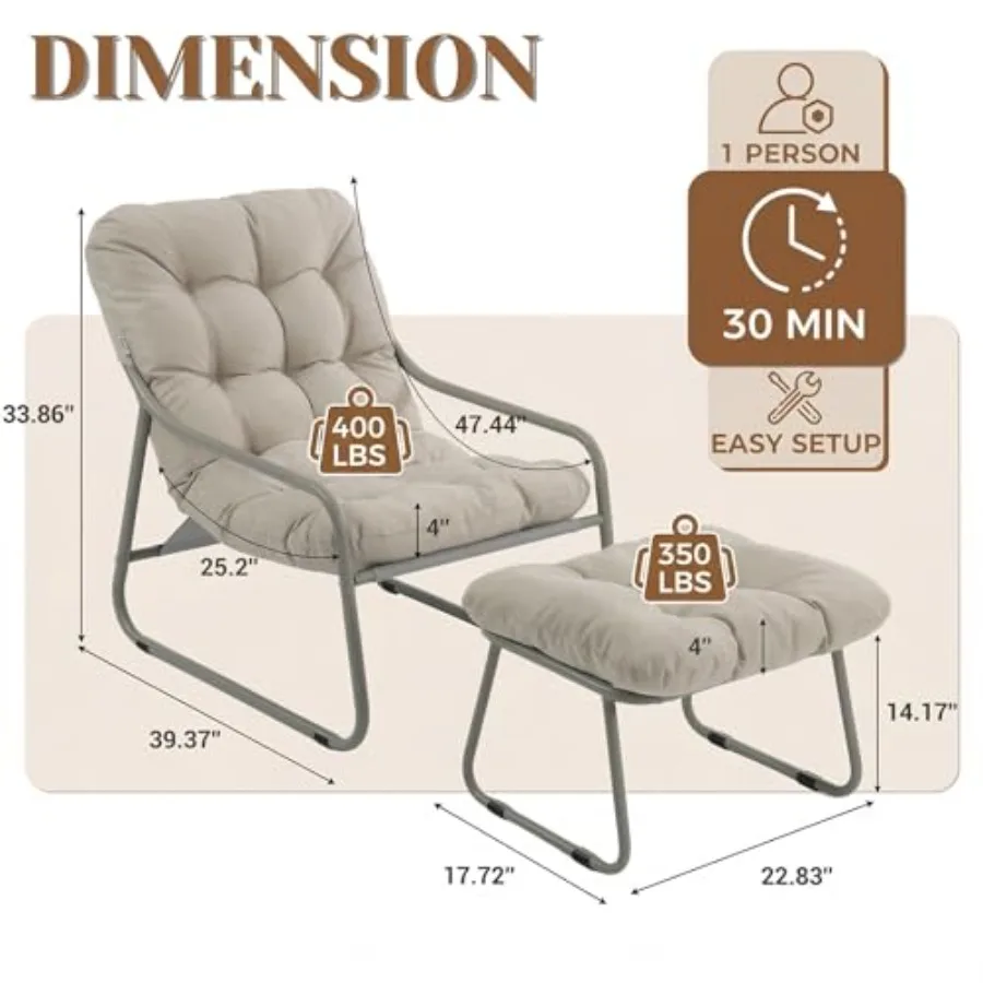 Patio Lounge Chair with Ottoman Set for Balcony Porch Garden, Beige Heavy Duty Reclining Outdoor Chair with 4 Thick Padded Seat