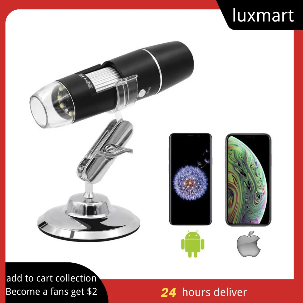 

Digital Microscope WiFi Portable Handheld 50X-1000X Magnification Wireless Adjustable Stand for iPhone Android iPad Windows Mac