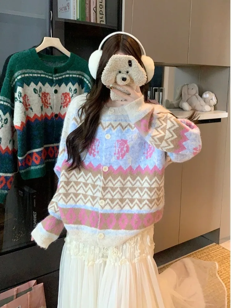 

plus Size Sweet Fair Isle Knit Sweater Coat Winter Loose Slimming Soft Style Long Sleeve Commute Fashion Korean Version Top