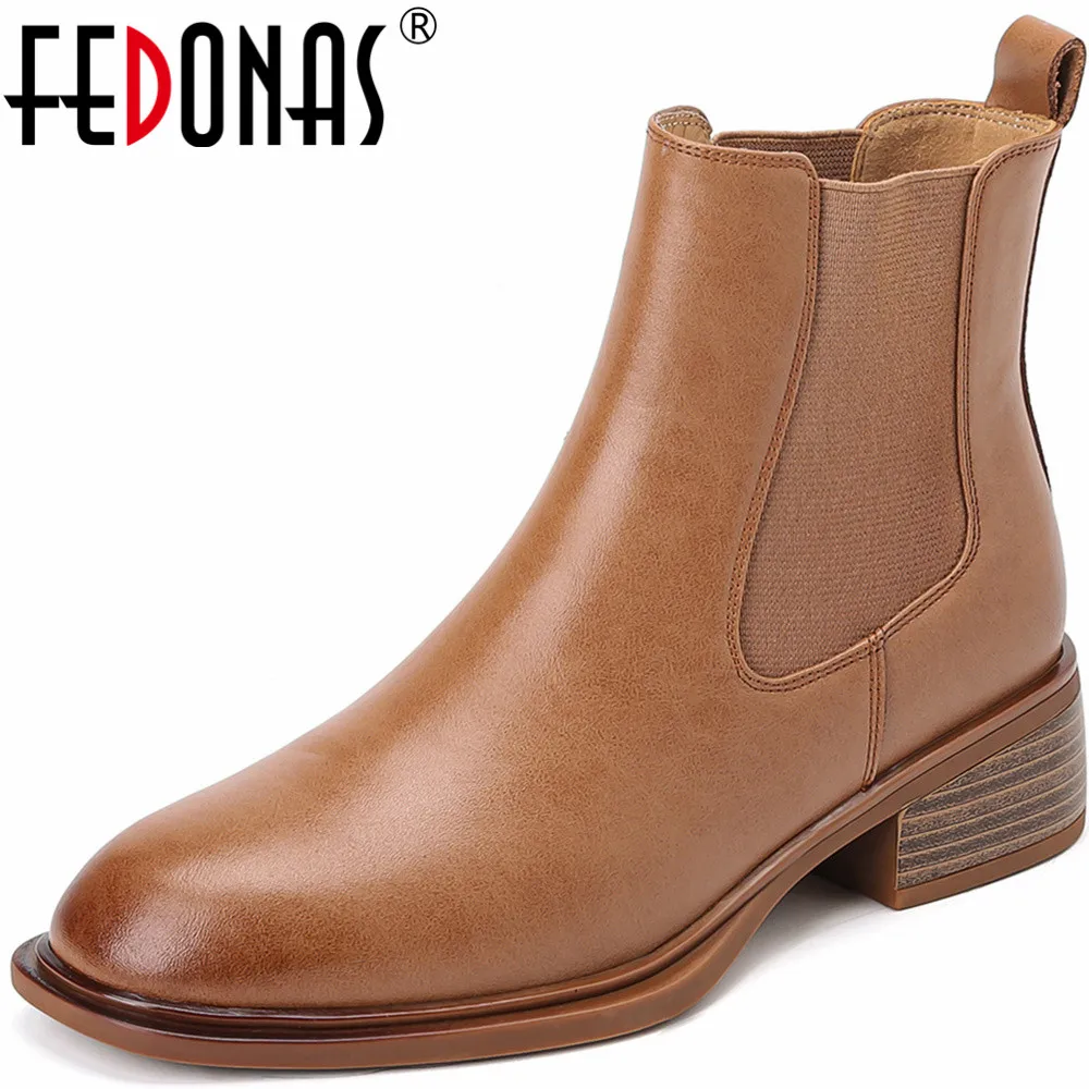 

FEDONAS Women Ankle Boots Retro Concise Thick Heels Office Lady Working Shoes Woman Genuine Leather Autumn Winter New Arrival