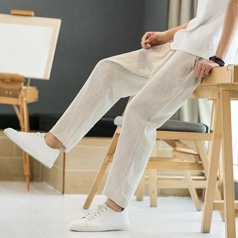 

Men's Cotton Linen Breathable Summer Casual Pants Loose Wide Leg Straight Cut Sports Trousers Comfortable Lightweight Long Tr...
