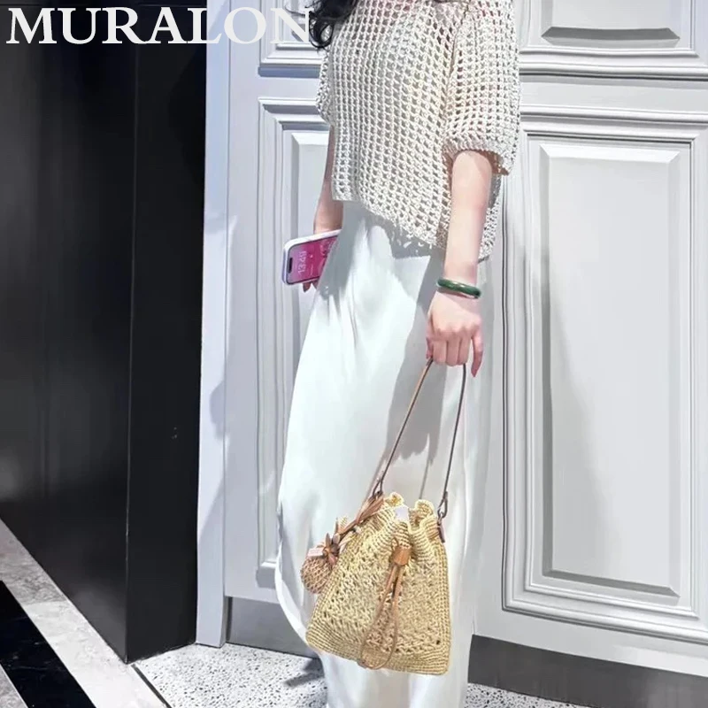 Fashion Versatile Straw Woven Small Tote Bag Summer New Drawstring Hollow Casual Shoulder Underarm Bag Embroidered Square Bag