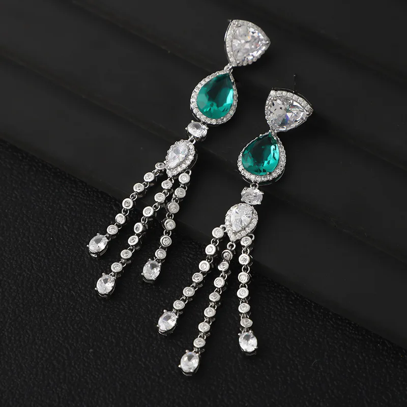 HIBRIDE Bling Cubic Zirconia Long Dangly Tassel Drop Earrings For Women Bridal Wedding Jewelry Accessories Bijoux Femme E-91