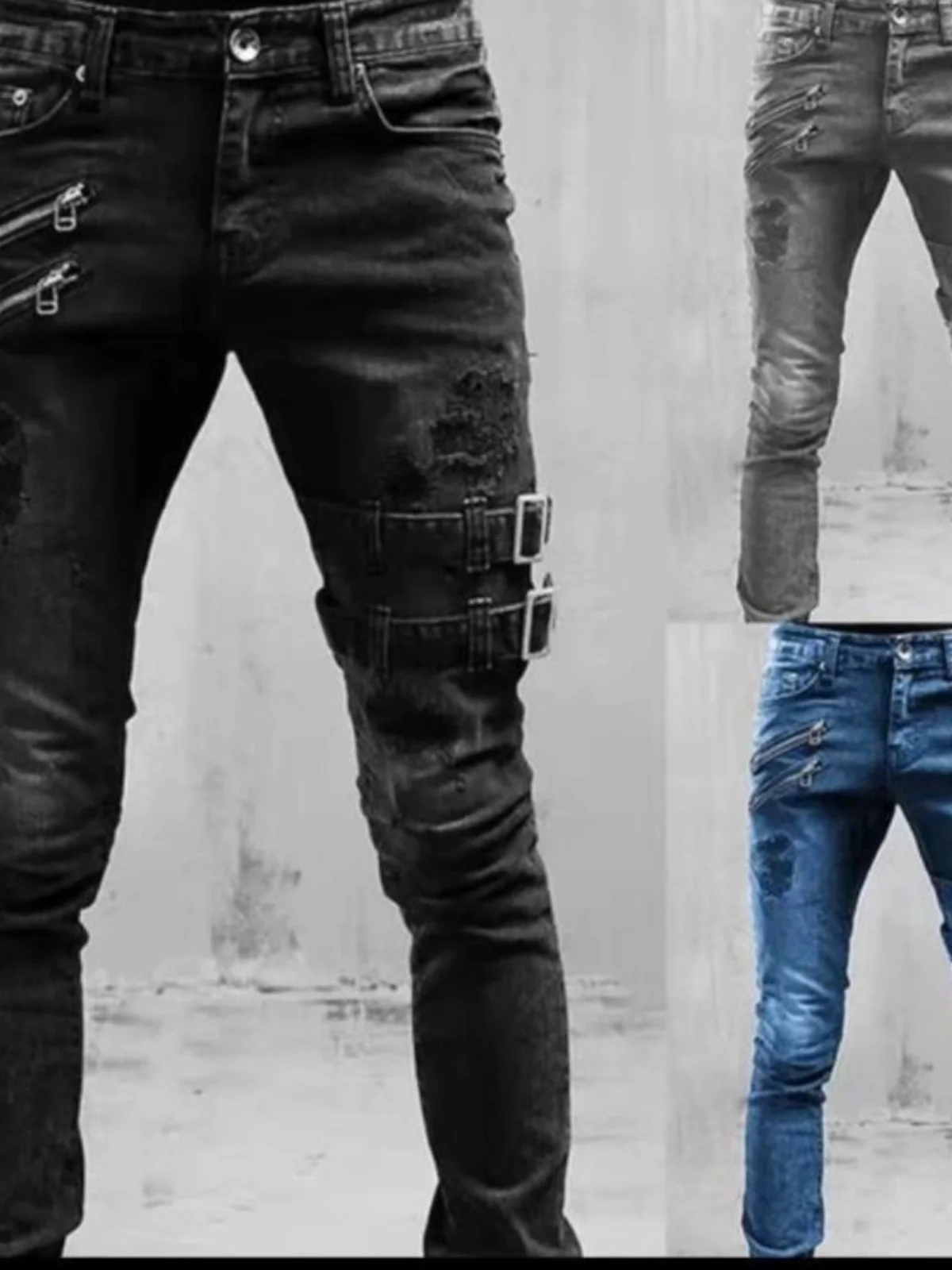 

Men's Biker Stretch Jeans High Elastic Slim Fit Long Pants Casual Faion mid Waist Denim Trousers for Youth All Seasons