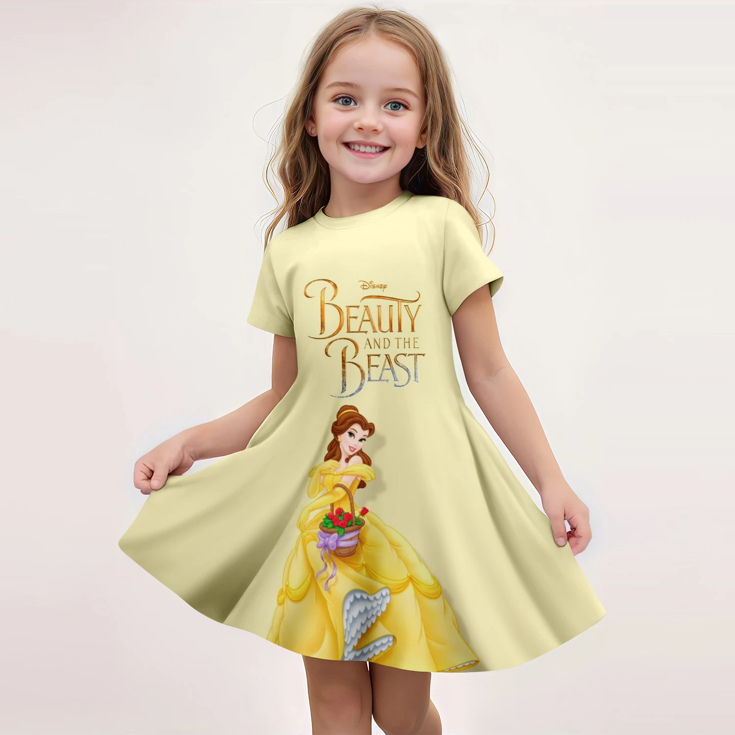 Disney Summer Hot Selling Snow White Short sleeved Skirt Girl 3D Printed Cartoon Print Pattern Short sleeved Princess Skirt 4-14