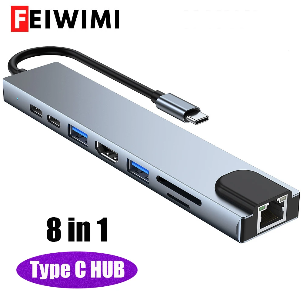 

USB-концентратор 8 в 1, разветвитель типа C, 4K, HDMI, RJ45, PD-зарядка, устройство для чтения SD/TF-карт, адаптер для ноутбука Macbook Air M1, iPad Pro