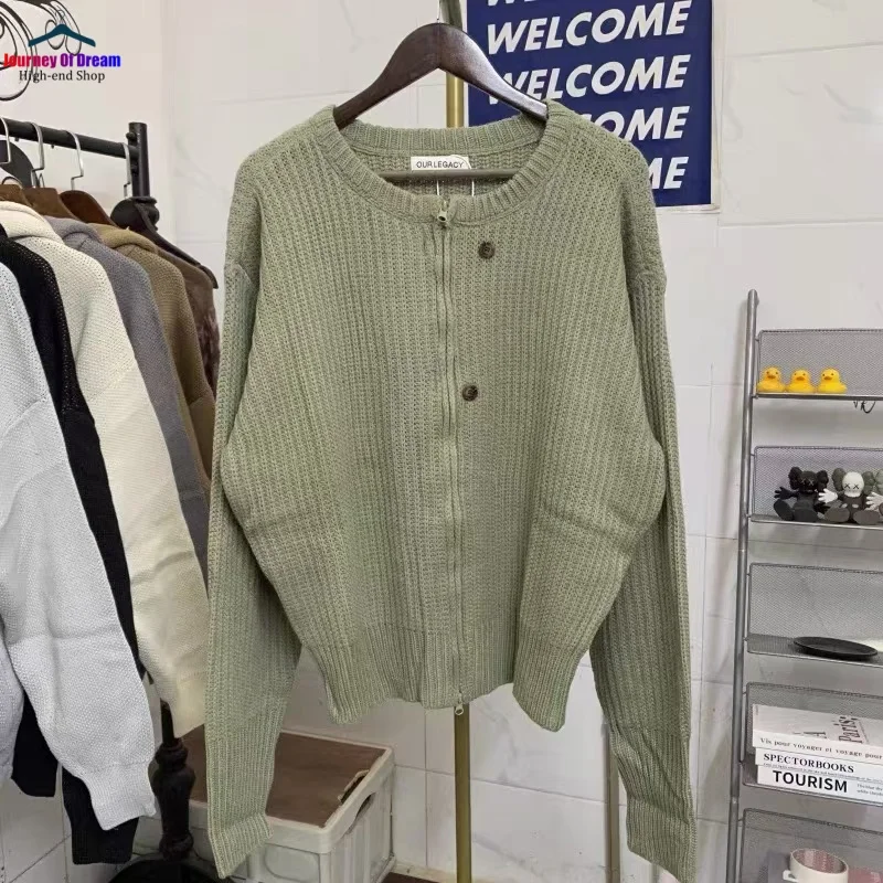 Simple Our Legacy25ss Winter Matcha Green Round Collar Zip Cardigan Sweater 1:1 Solid Colour Casual Loose Knitwear Coat