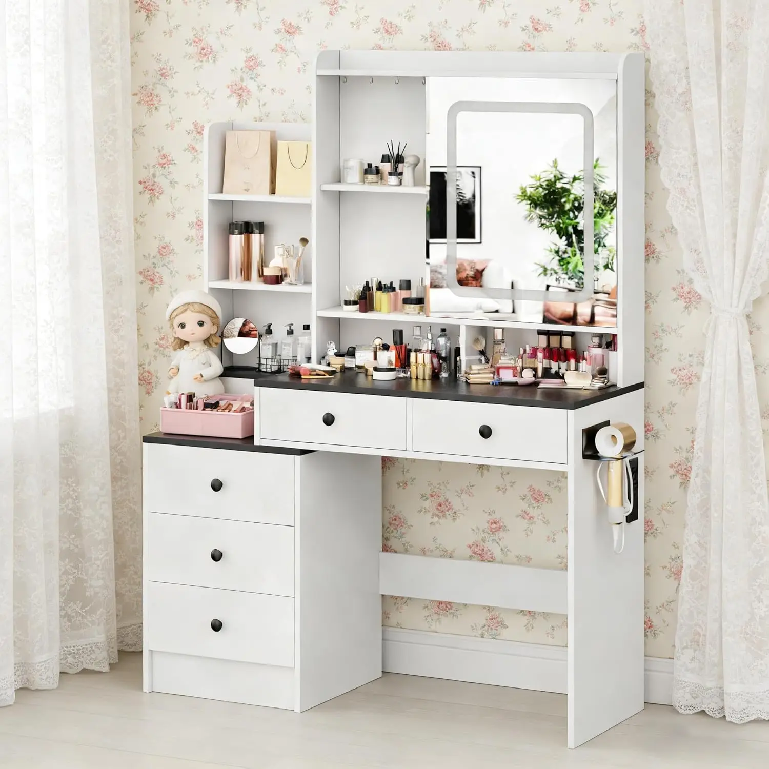 #Vanity Desk with Mirror Light,Mode Dimmer Drawer Storage Bedroom Dressing Table