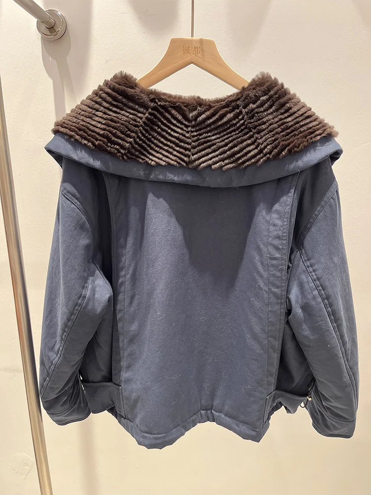 2025 mulheres inverno quente natural rex coelho pele jaquetas gola de pele casaco grosso feminino outwear