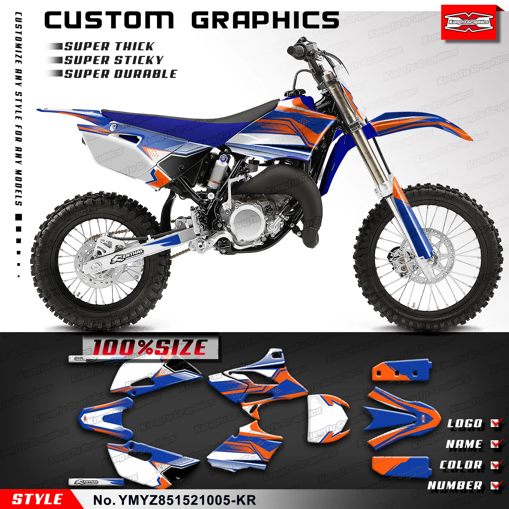 KUNGFU GRAPHICS Custom Sticker MX Deco Kit for Yamaha YZ85 YZ 85 2015 2016 2017 2018 2019 2020 2021, Orange Blue