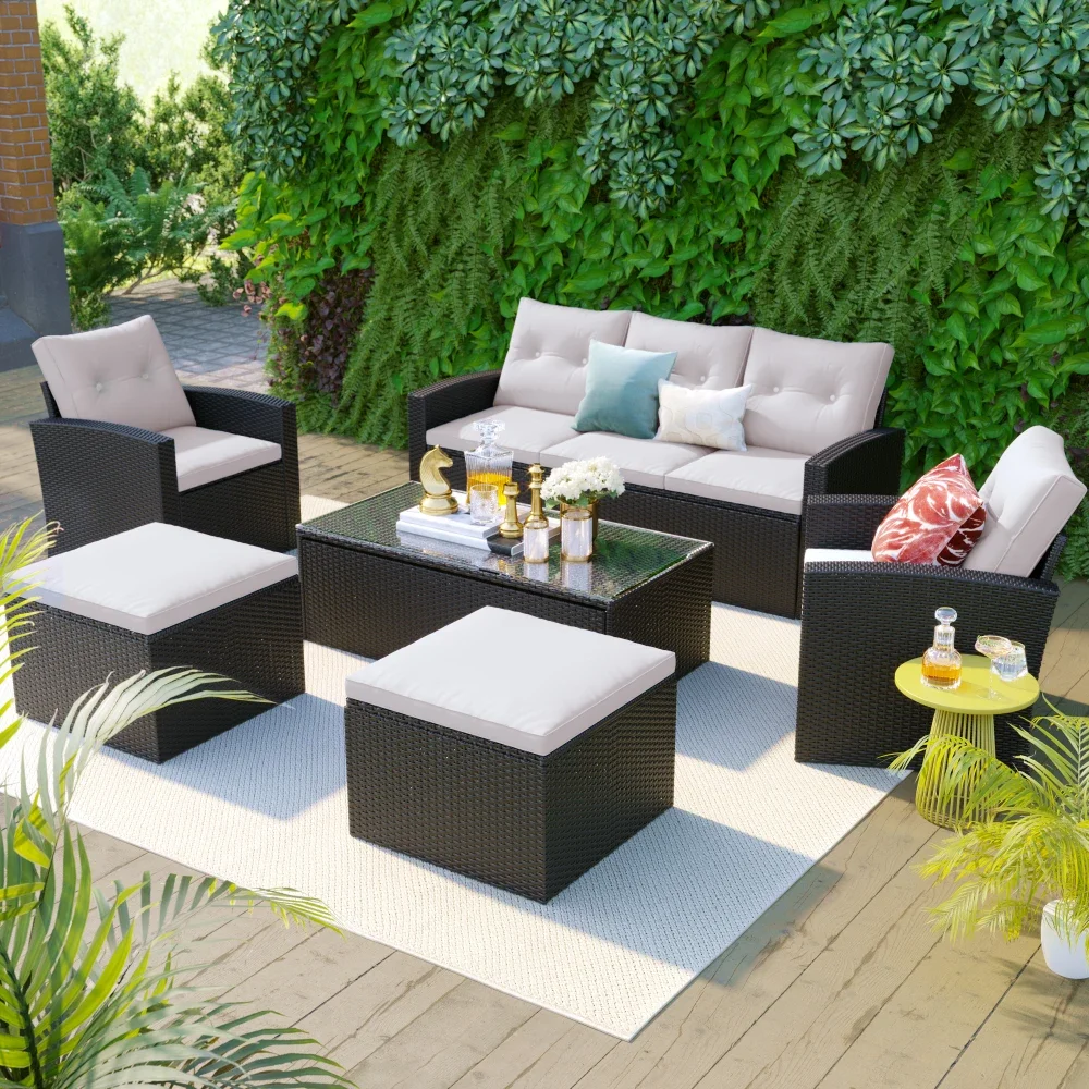 

6-piece all-weather wicker polyethylene rattan terrace outdoor dining conversation combination set, with coffee table