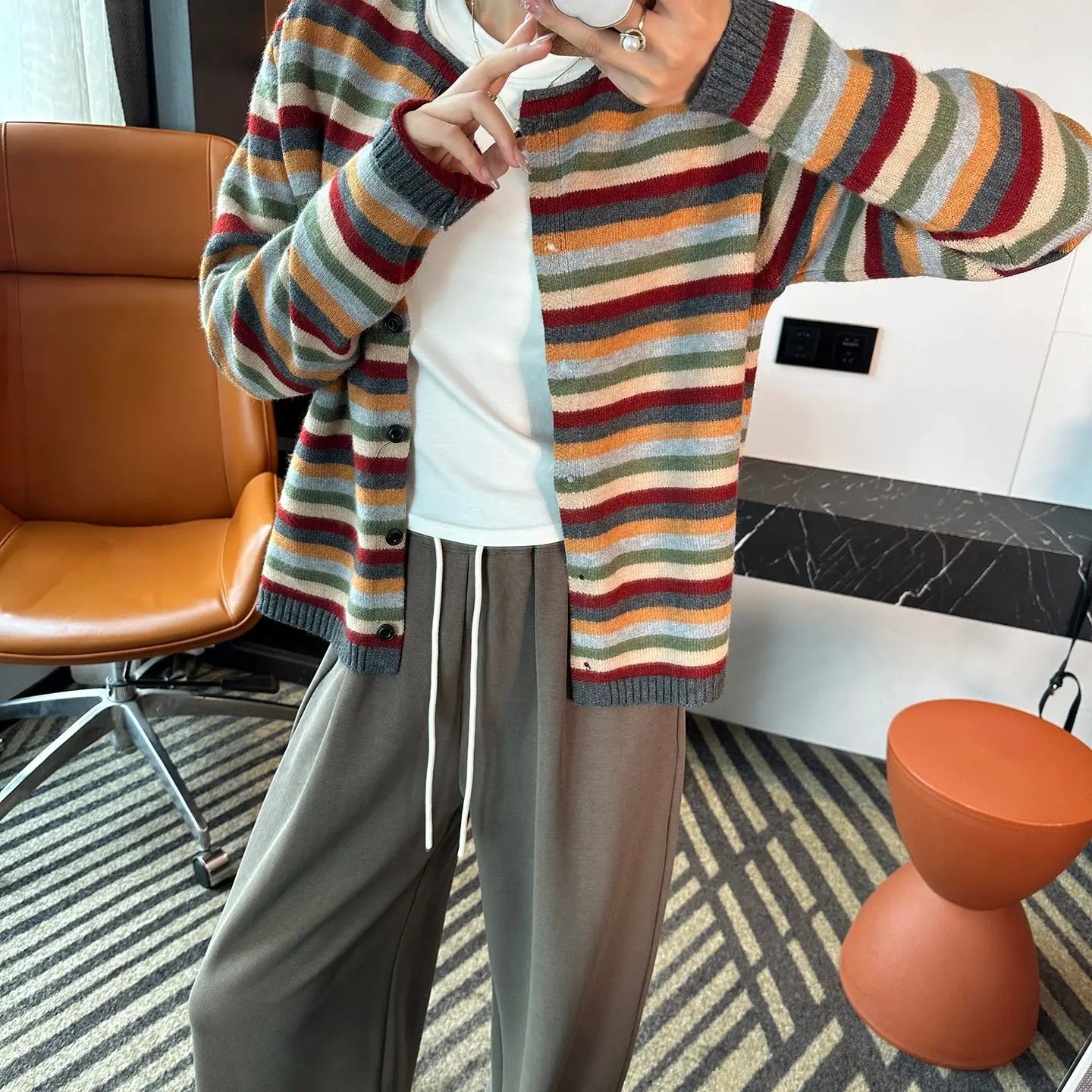 Women Striped Knitted Open Cardigan Loose Fit Sweater Outerwear Autumn Season Lazy Style Korean Fashion knitwear Top view 2