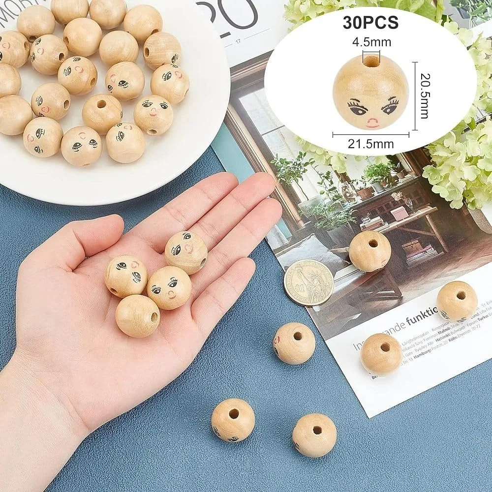 30Pcs Natural Wood Beads, Round with Smile Face, Burlywood, 21.5x20.5mm, Hole: 4.5mm, 30pcs