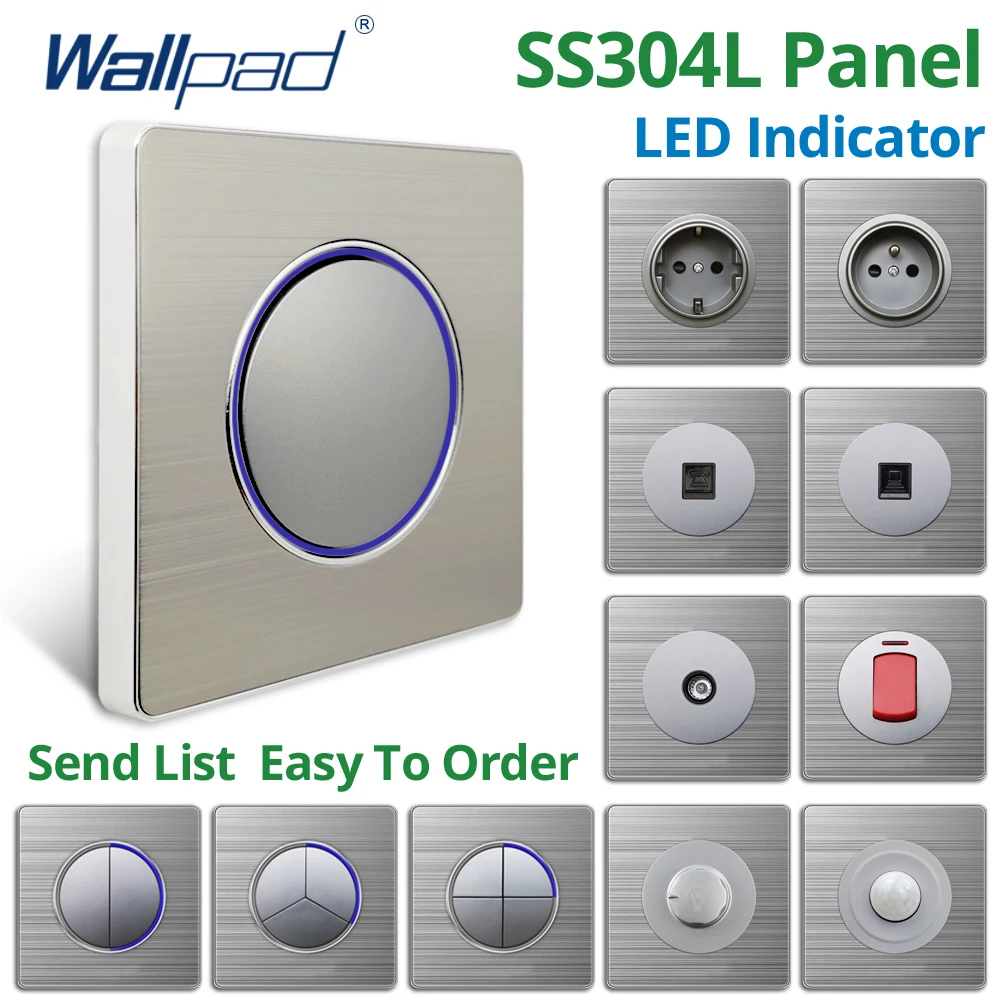 Wallpad 1 2 3 4 Gang Wall Light Switch Stainless Steel Panel Large Circle LED Indicator USB Charge Port EU UK Socket