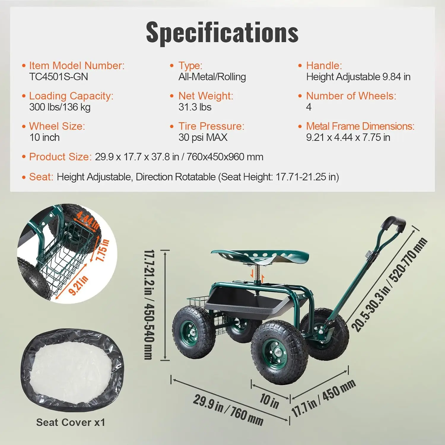 Garden Cart Rolling Workseat with Wheels, Gardening Stool for Planting, 360 Degree Swivel Seat, Wagon Scooter with Steering Handle & Utility Tool Tray, Use for Patio, Yard, and Outdoors, Green | 360 Swivel Garden Chair, Wagon Scooter with Steering Handle view 7