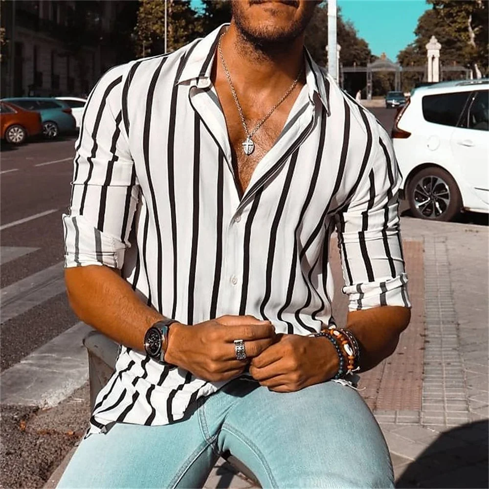 

Luxury men's button up long sleeved striped shirt for daily casual comfort, street casual buttons, fashionable men's clothing