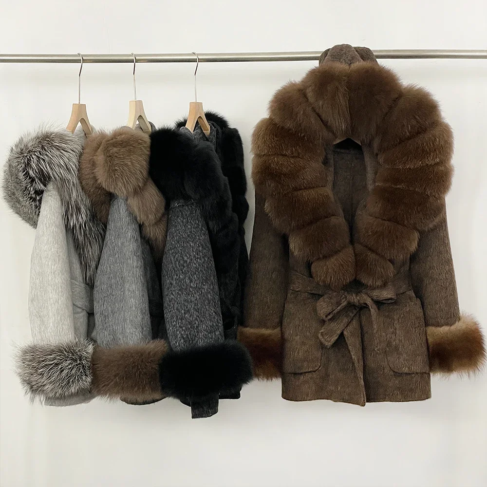 OFTBUY Neue Winterkleidung Damen Wollmantel mit Kapuze, Natürlicher Pelzkragen und -manschetten, Luxuriöser Gürtel, Echte Fuchspelz-Wolljacke für Frauen – Detail 4