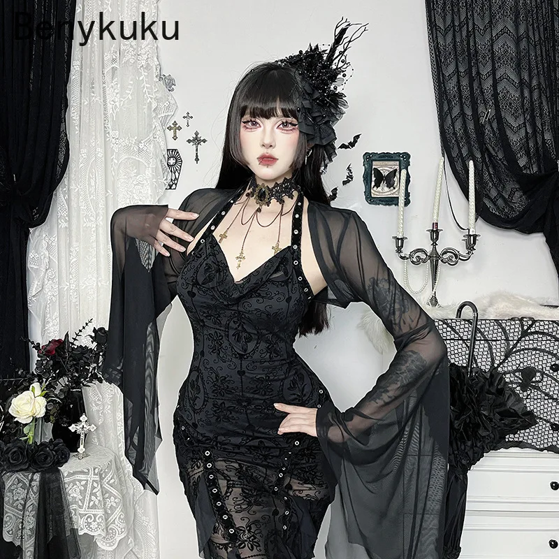 Halloween Gothic Mesh See Through Crop Tops Shrug Techwear Y2K Grunge Batwing Sleeve Sunscreen Smock Blouse Women Chic Coat