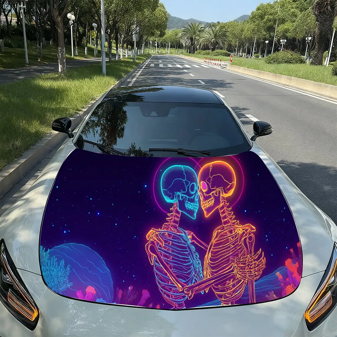 

Cyberpunk Neon Skull Couple Art Style PVC Car Hood Wraps, Self-Adhesive Waterproof Car Bonnet Decal Sticker, Car Decoration Prot
