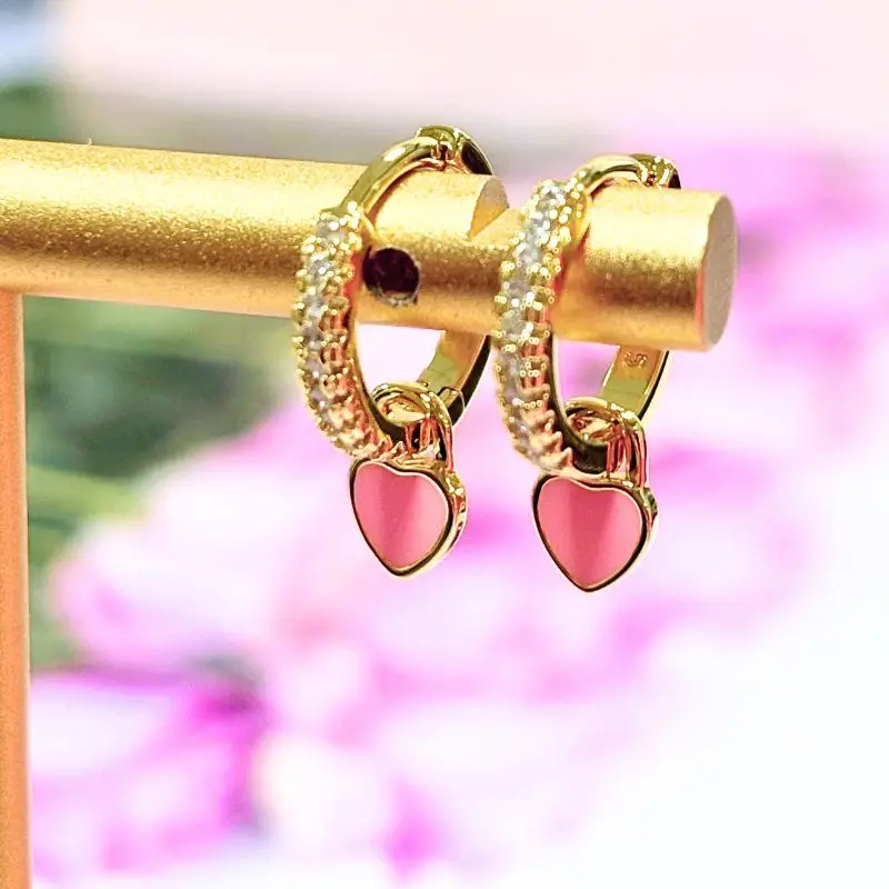 925 Sterling Silver Ear Needle Pink Enamel Earrings star/heart/Geometric Pendant Hoop Earrings Cute Girls Gifts Party Jewelry