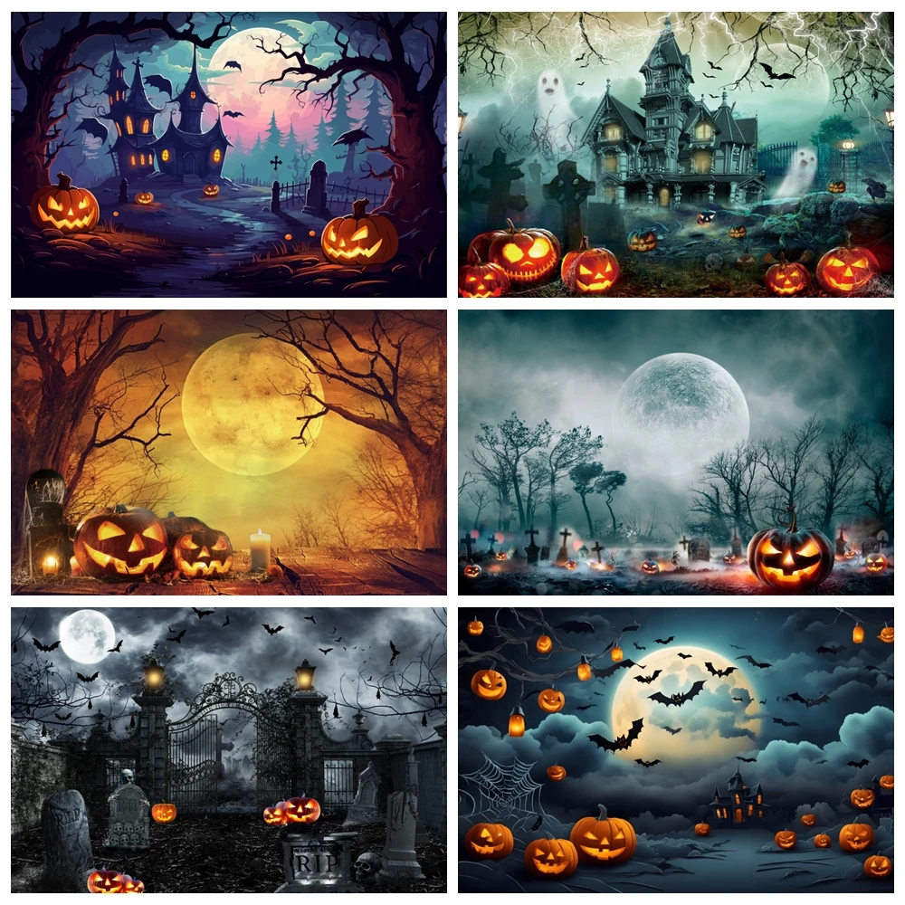 

Halloween Backdrop Horror Night Moon Evil Pumpkin Lantern Ancient Castle Cemetery Ghost Kids Portrait Photography Background