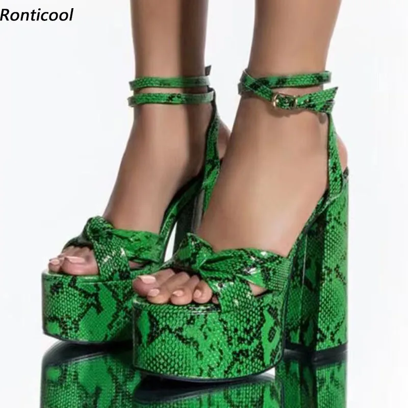

Ronticool Handmade Women Platform Sandals Ankle Strap Snake Pattern Chunky Heels Open Toe Pretty Green Party Shoes US Size 5-15