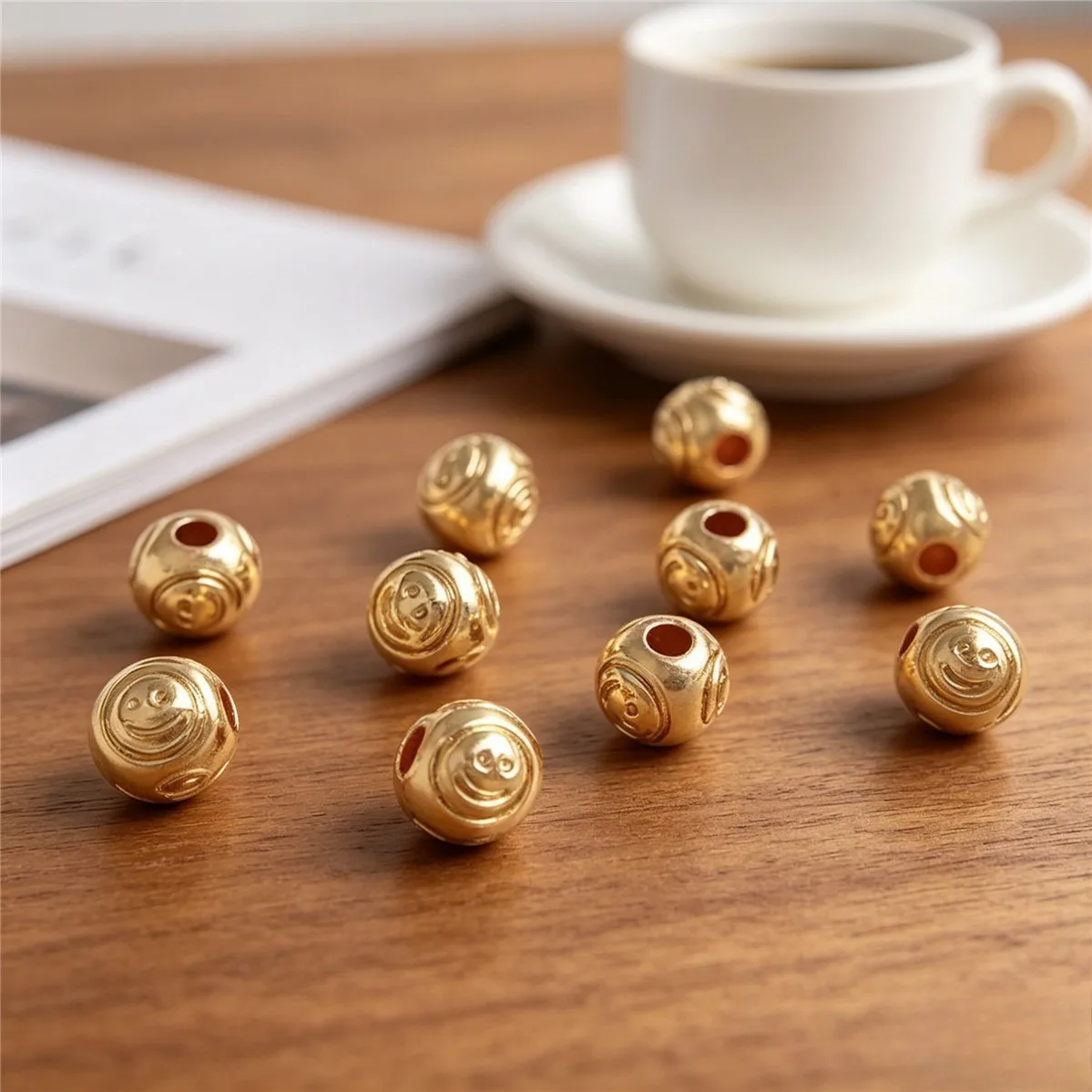 Brass 14K Gold Plated Anti-tarnish 3-Sided Engraved Round Beads 4mm DIY Bracelet Ring Jewelry Loose Findings