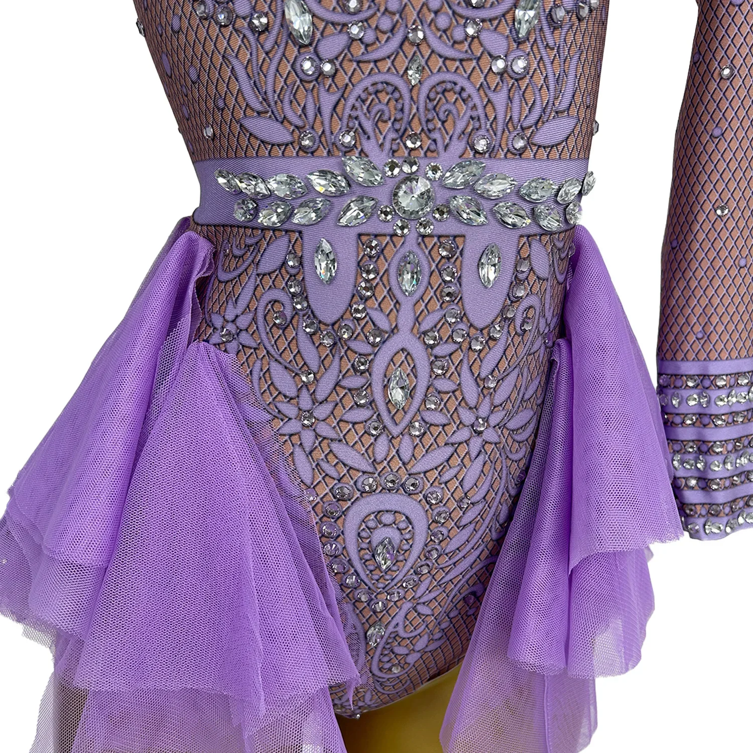Putong Stage Singer Show Dance Bodysuit Sparkly Rhinestones Ruffle Long Sleeve Leotard Women Nightclub Party Concert Costumes