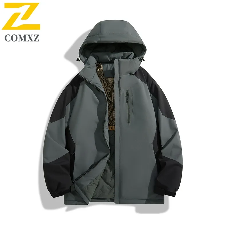 COMXZ 2025 Winter Graphene Stand Collar Cotton Jacket Hooded Waterproof Windproof Outdoor Sports Casual Warm Coat Men Streetwear