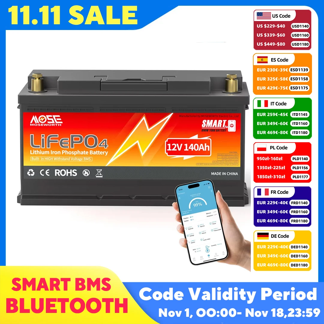 MOSEWORTH 12V 140Ah LiFePO4 Lithium Battery Built-in 100A Smart BMS Deep Cycle LiFePO4 Battery 1792Wh for Trolling Motor RV