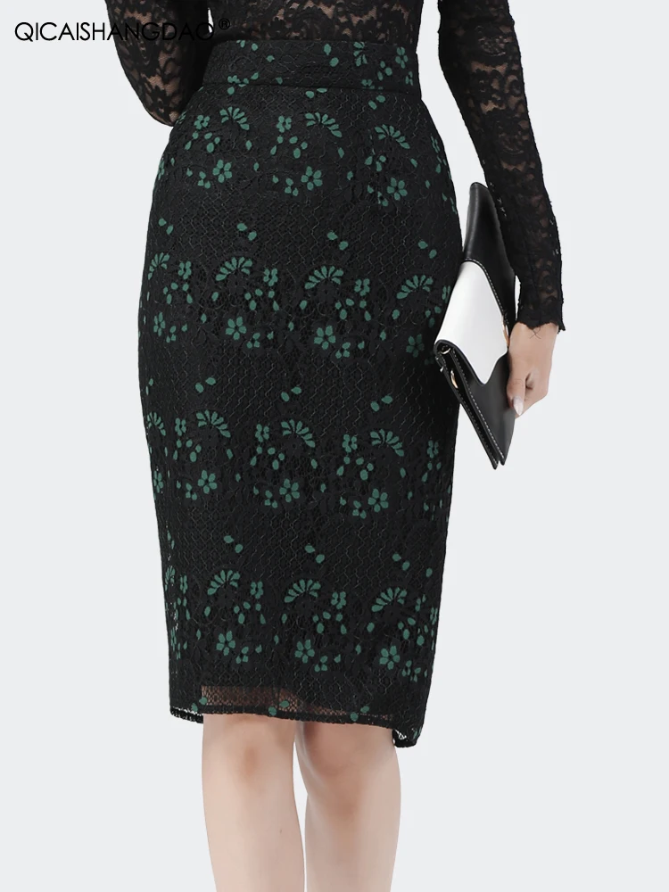 2023 Autumn Ladies Mid-length Green Lace Pencil Skirt High Waist Knee-length Sexy Bodycon Wrapped Skirts