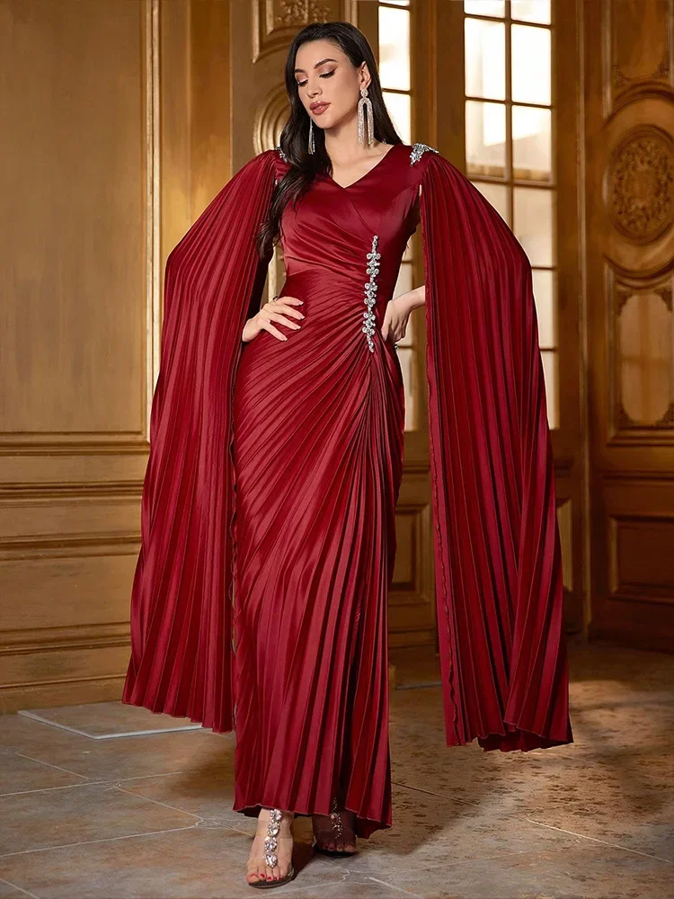 

Luxury Elegant V-Neck Sleeveless Satin Cape Diamonds Pleated Floor-Length Evening Dresses Wedding Cloak Dubai Abaya Kaftan Gowns