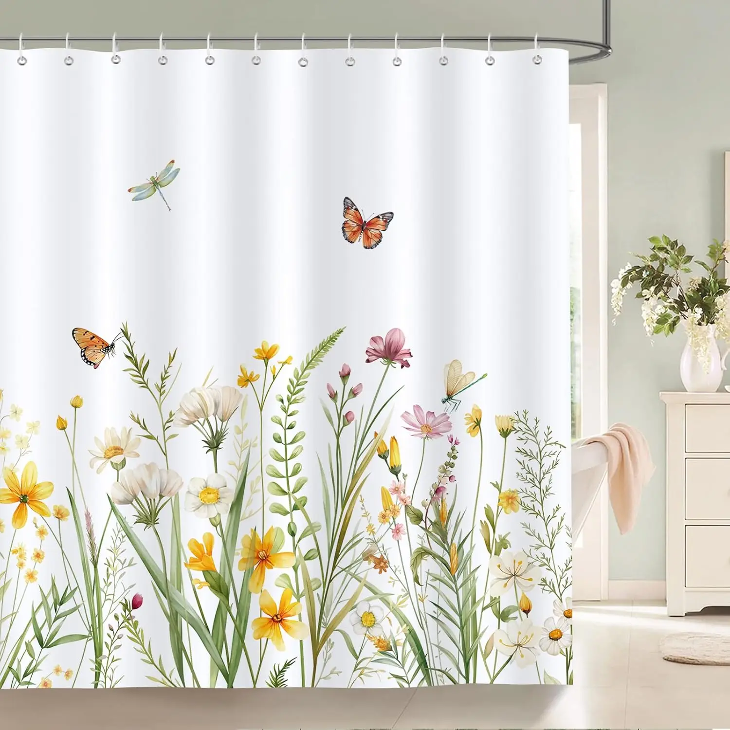 

Yellow White Wildflower Plant Butterfly Spring Summer Bathroom Decor 72x72 Inch Polyester Fabric Waterproof Bath Curtain
