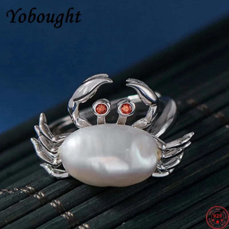 

S925 sterling silver rings for Women New Fashion Baroque freshwater pearl crab personality punk jewelry