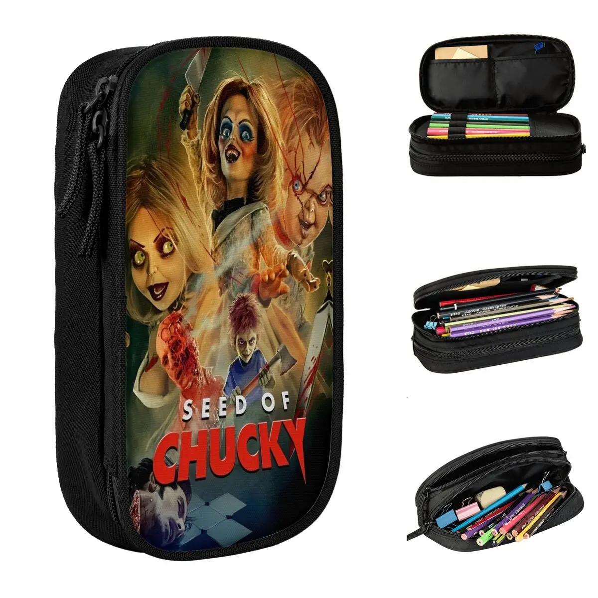 Large-capacity Pen Box Chucky Horror Movie School Accessories Double Layer Pencil Bag Girl Make Up Bag Perfect Gifts