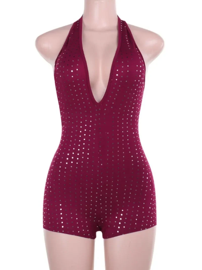 ثوب فضفاض مثير بدون ظهر بذلة قصيرة النبيذ الأحمر الأسود العميق الخامس الرقبة عارية الذراعين الدانتيل متابعة الراين Playsuit الإناث ارتداءها