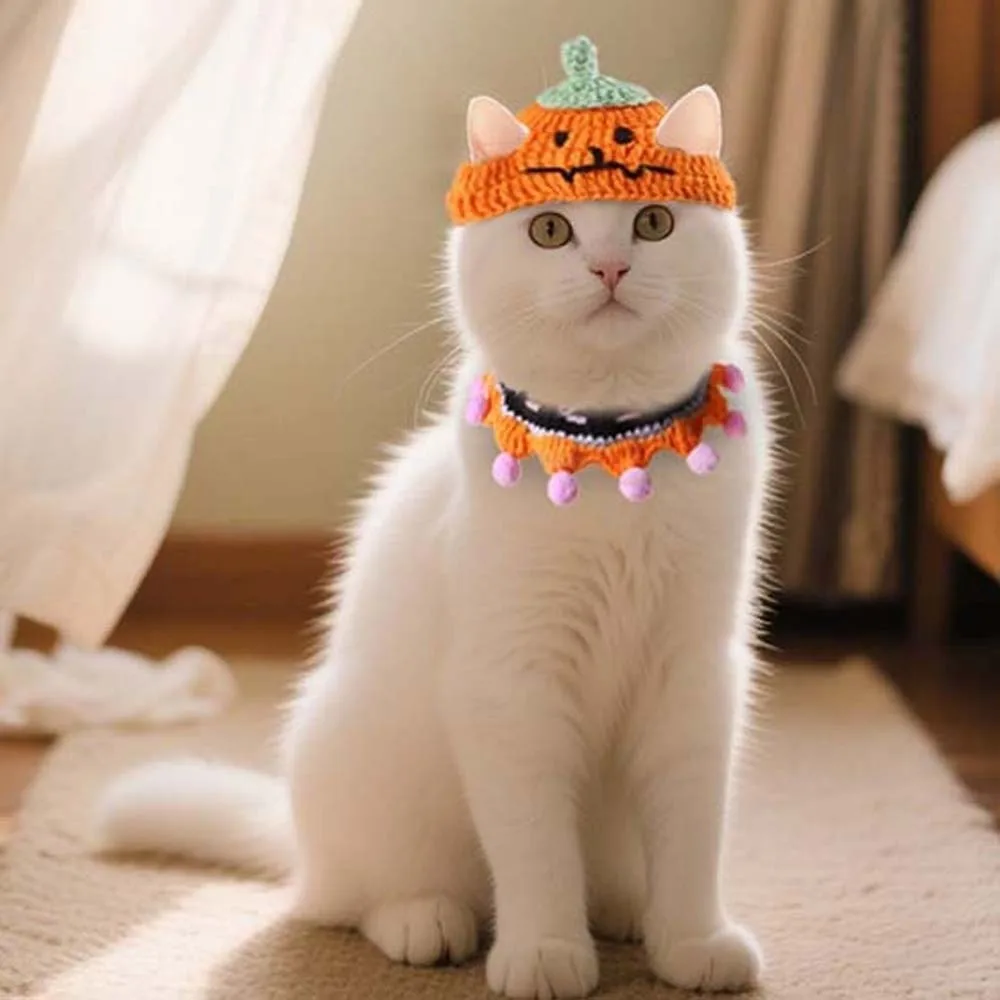 

Creative Breathable Halloween Pets Costumes Pumpkin Ghost Halloween Cat Headgear Cartoon Tie Cat Woven Hat Bib For Dog Rabbit