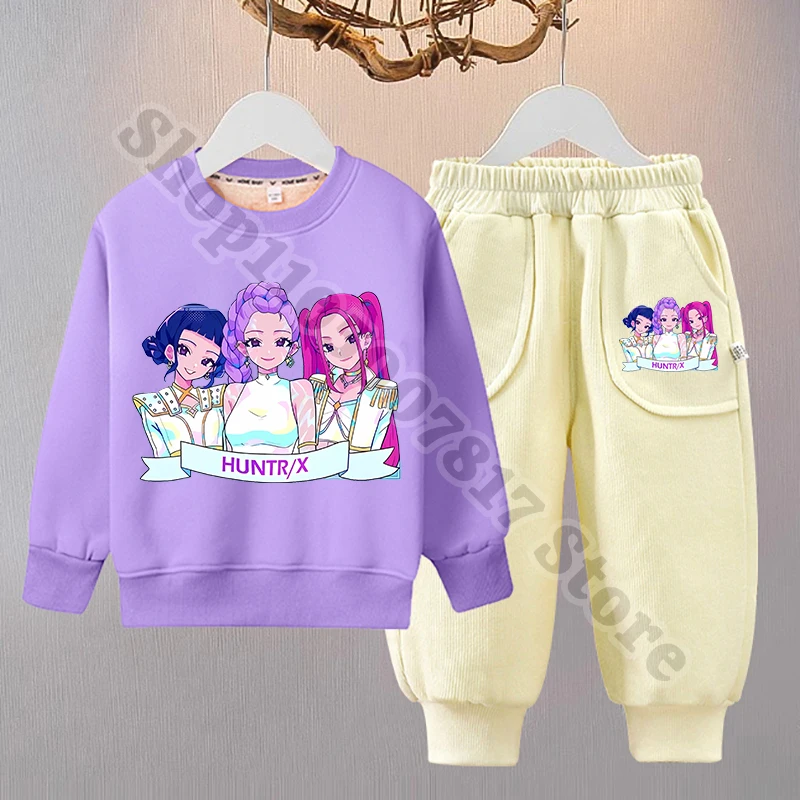 KPop Demon Hunters Children Fleece Sweatshirt Pants Set Winter Cartoon Warm Clothing Girl Cute Pullover Trousers Christmas Gifts