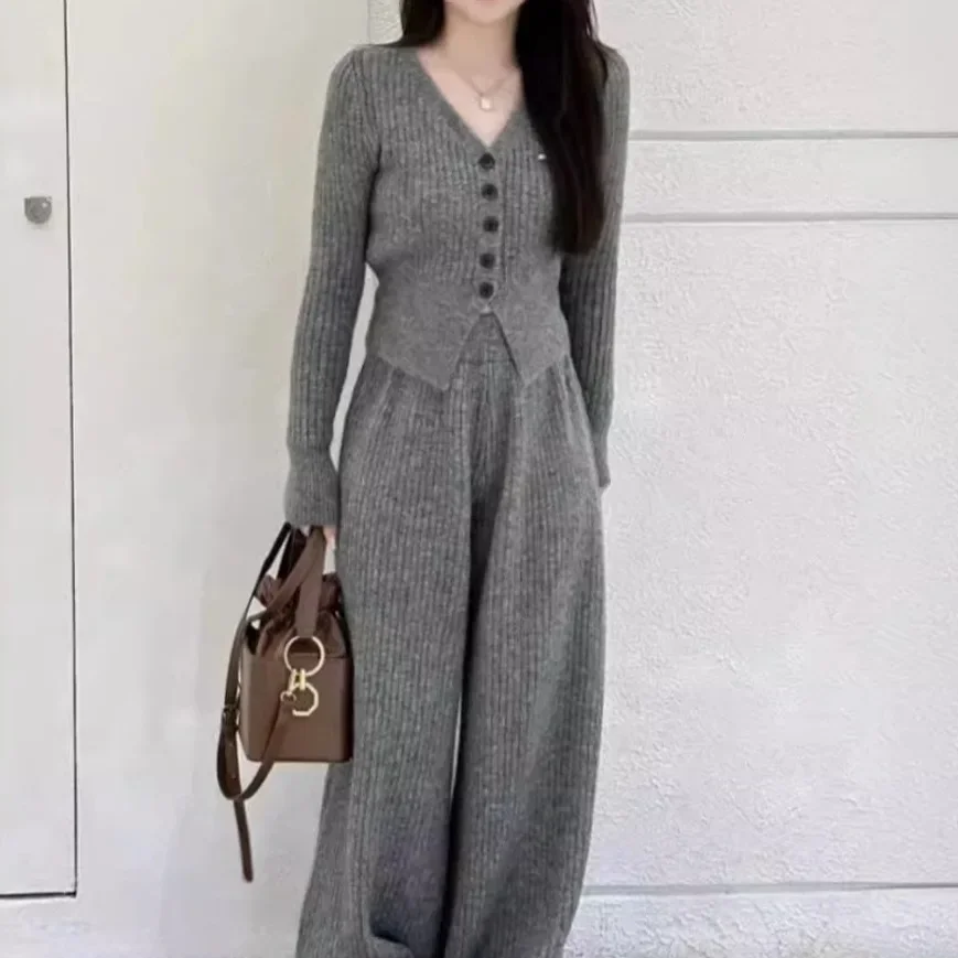 Winter 2024 New Loose Knit Cardigan Trouser Two-piece Set Tracksuit Sweater Crop Tops + High Waisted Pants Suit Outfit for Women