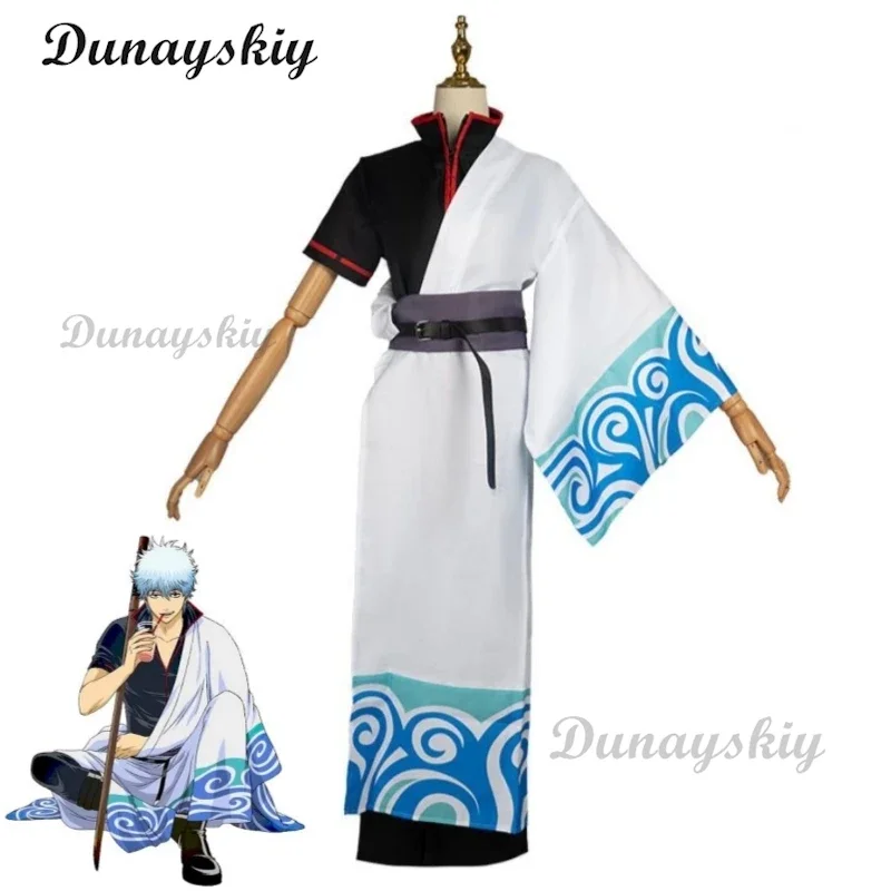 Anime Sakata Gintoki Gintama Gin Tama cosplay costume wig Silver Soul kimono uniform Halloween stage performance role play suit