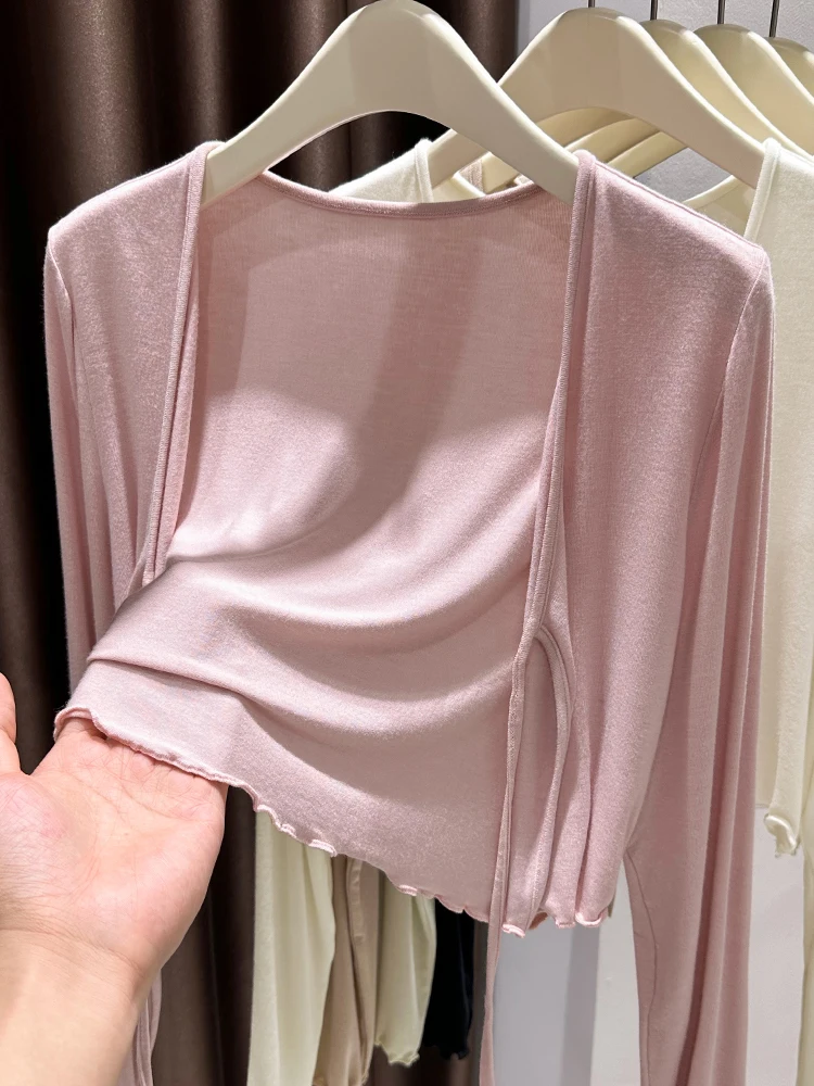 

Breathable Modal Ice Silk Knitted Cardigan Women's Summer Tank Top Outerwear Light Weight Long Sve ort Length Coat