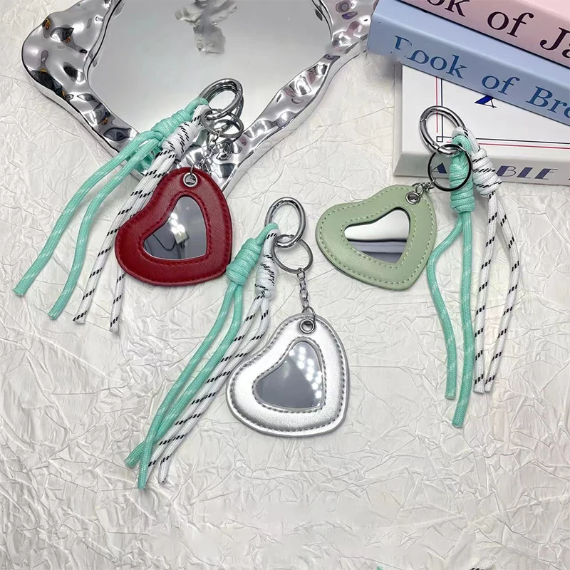 Chaveiro de corda tecida na moda y2k criativo coração espelho chaveiro dopamina colorido corda trançada porta-chaves saco pingente presentes
