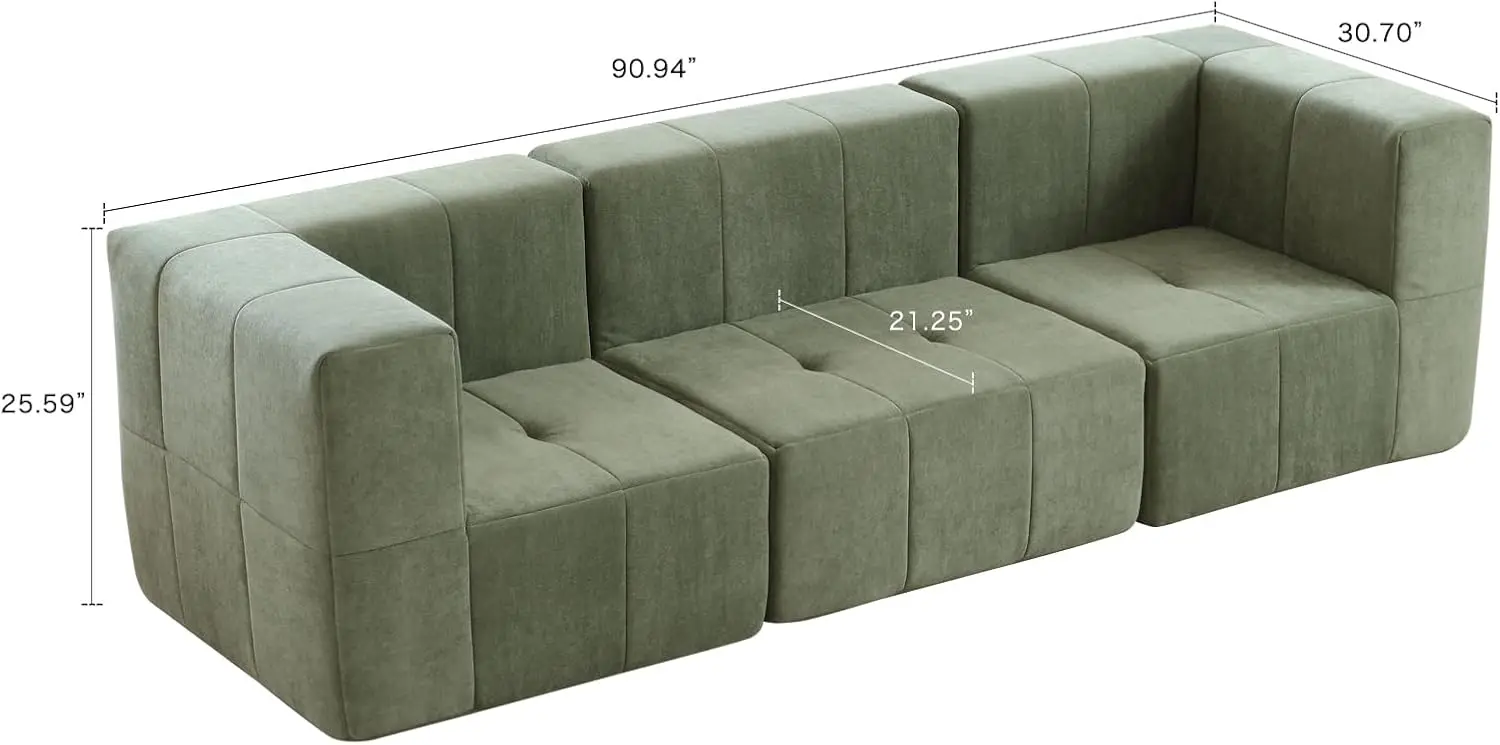 Sectional Sofa Couch Modern Compressed Sofa Couch 3-Seat Foam Couch for Living Room, Apartment, Studio, Office (Green)