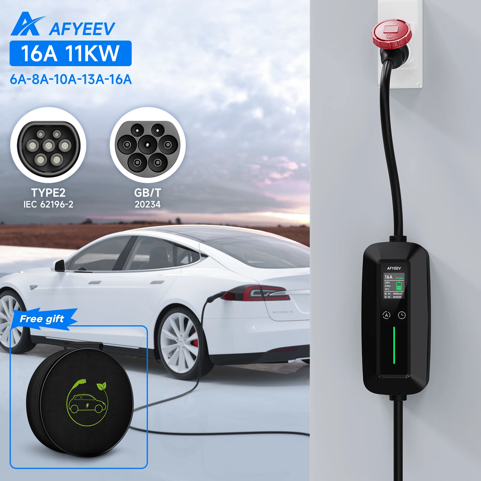 

AFYEEV Type2 Portable EV Charger 11KW 16A GBT Electric Car Charger Fast Charging with Setting Charging Time CEE Plug Wallbox