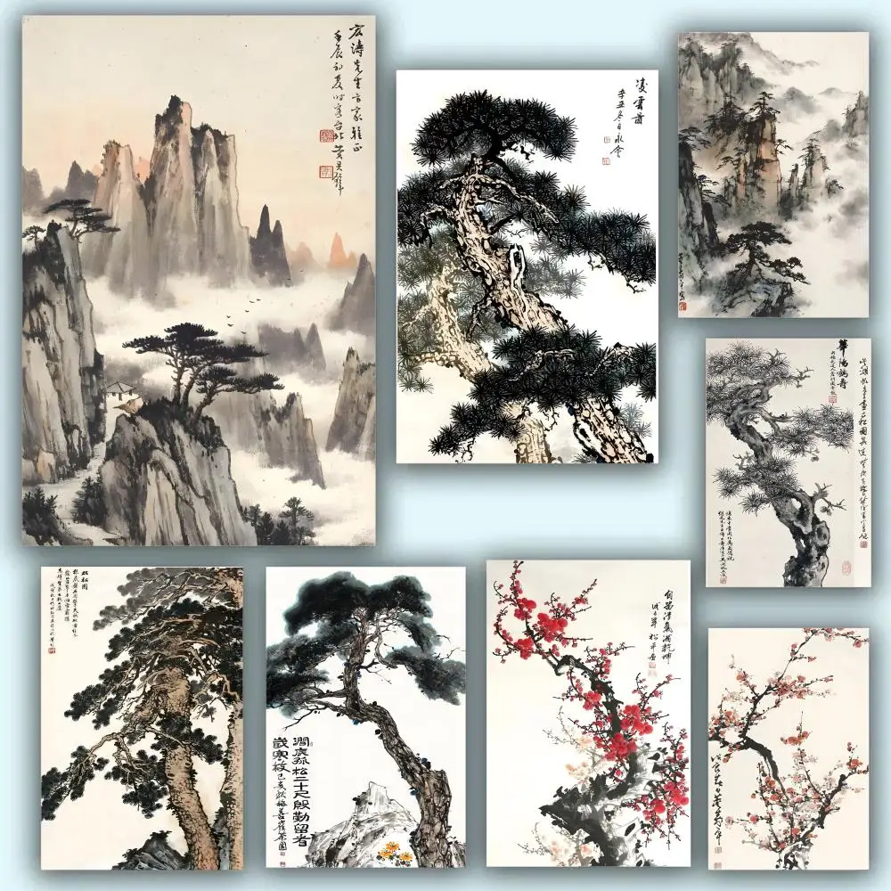 1 Chinese Ink Style Pine Tree Alpine Flow Water Poster Aesthetic HD PVC Wall Art - Waterproof Wear Resistant For Home Hotel Bar