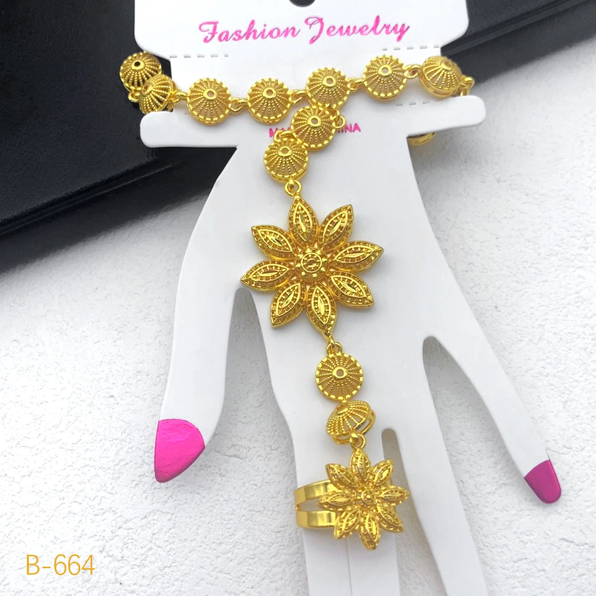 

24k Gold Plated Turkish Flower Charm Bracelet with Ring Middle East Dubai Tassel Bangle Islamic Muslim Party Accessories Gift