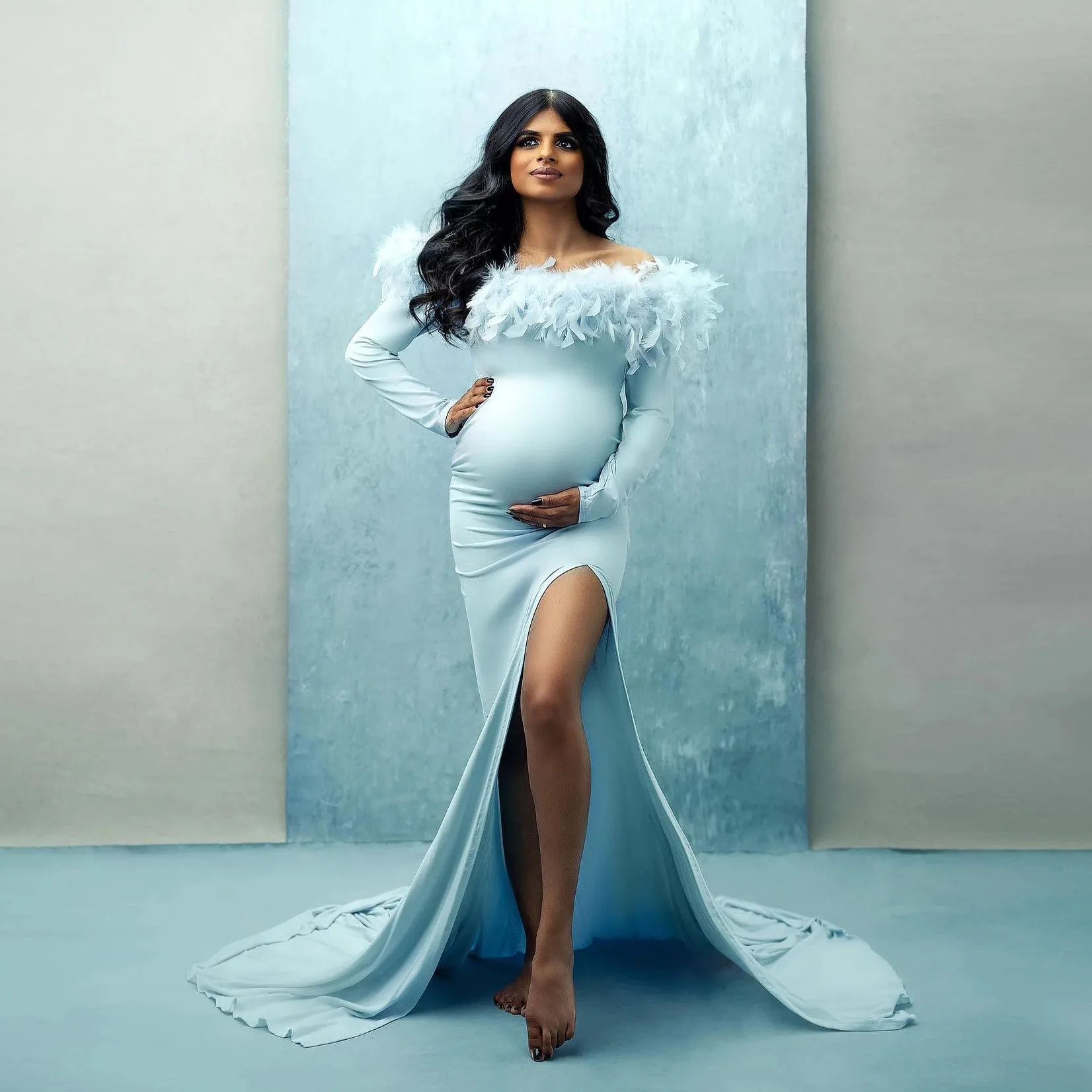 Pregnancy Women Photography Dress with Feathers Off the Shoulder Stretch Slit Maternity Gowns Elegant Mermaid Maternity Dresses