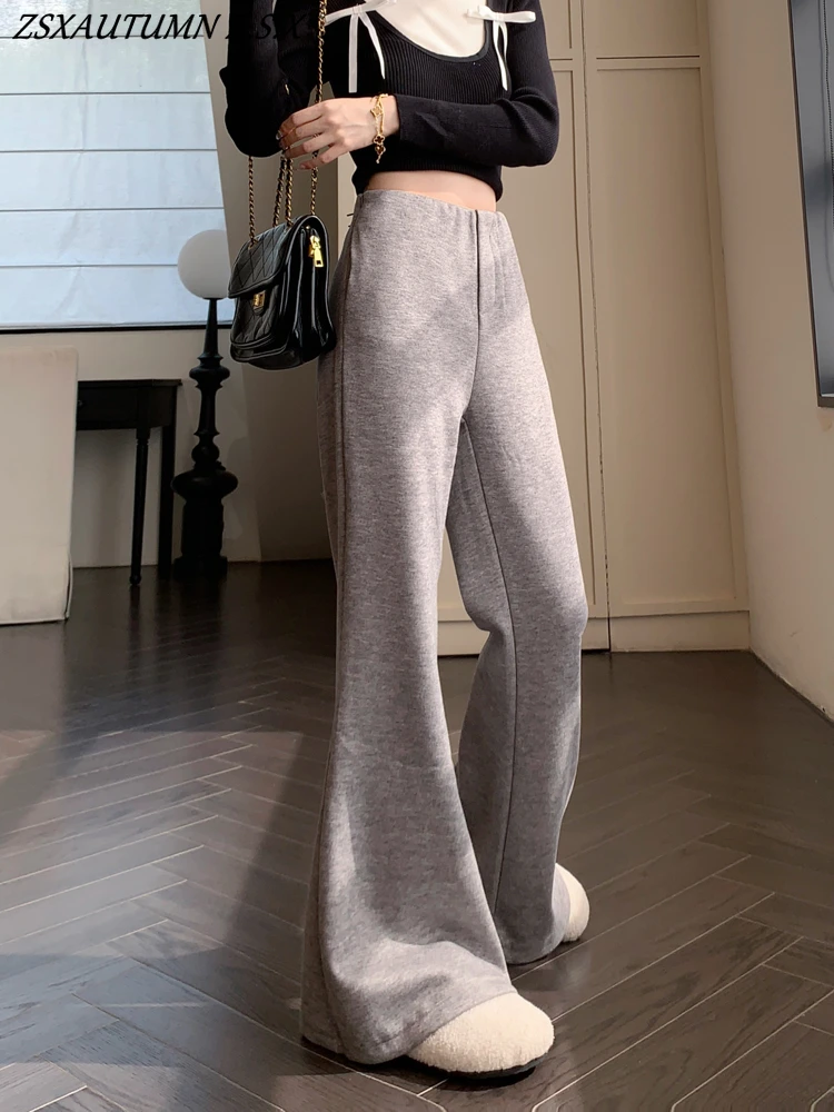 Simple Slim Flared Trousers Women's Winter Thick Casual Pants Solid Casual Wide Leg Plush Pants Fashion Bell-bottoms Female